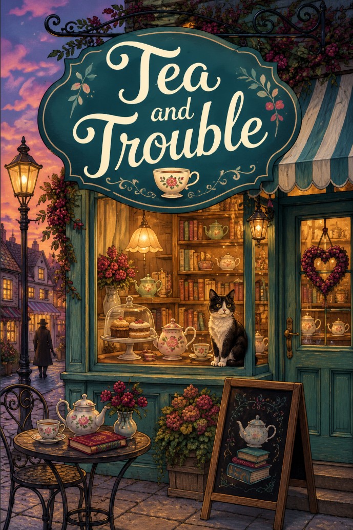Example cozy mystery cover with a charming small-town storefront, warm lamplight, and playful hand-drawn typography.