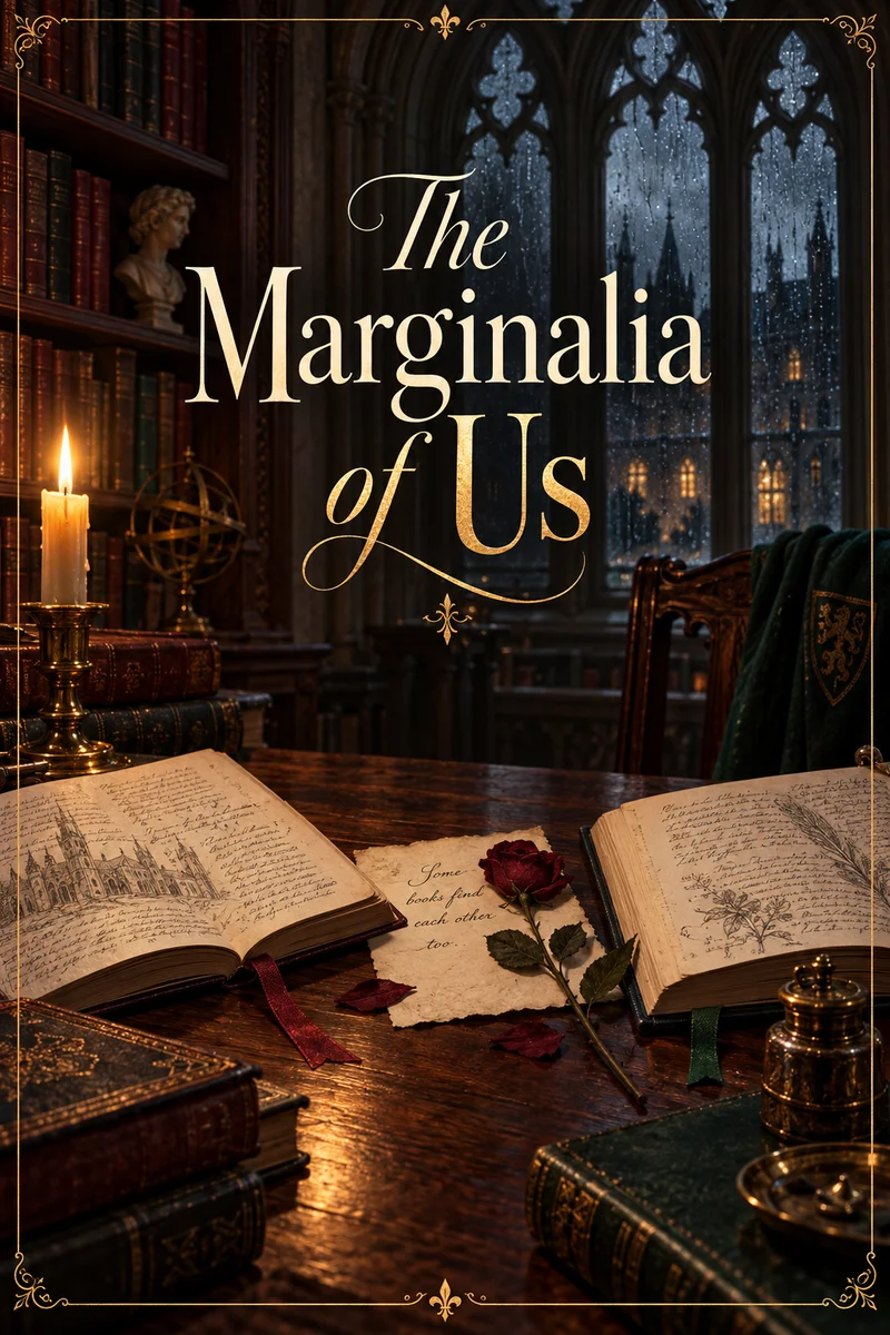 Illustrative dark academia romance cover: The Marginalia of Us, with a candlelit library and a pressed rose.