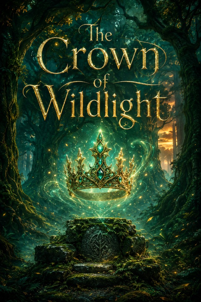 Example fantasy novel cover with a glowing crown suspended above an ancient forest.