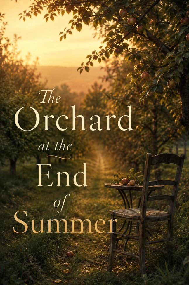 Example literary fiction cover with a quiet orchard path in late summer light.