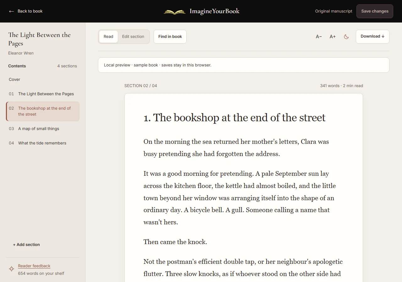 ImagineYourBook’s chapter reader, with editing, search and download controls. Example manuscript.