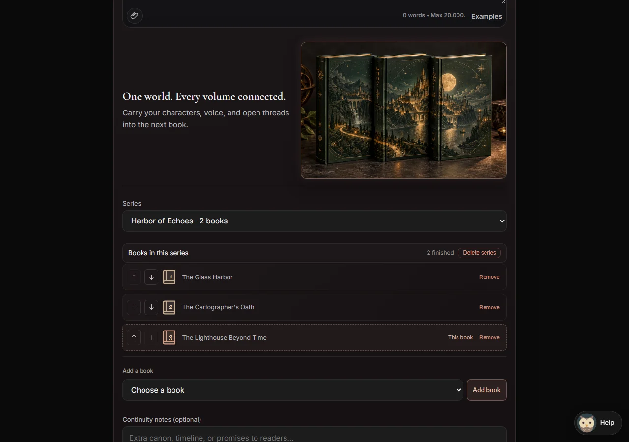 ImagineYourBook’s Series Builder with connected books and continuity notes. Example series.