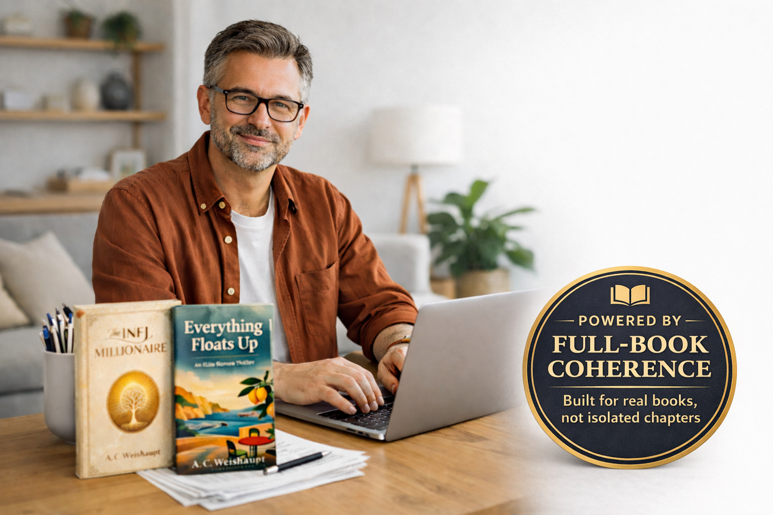 Creator working on a laptop with book and manuscript visuals nearby