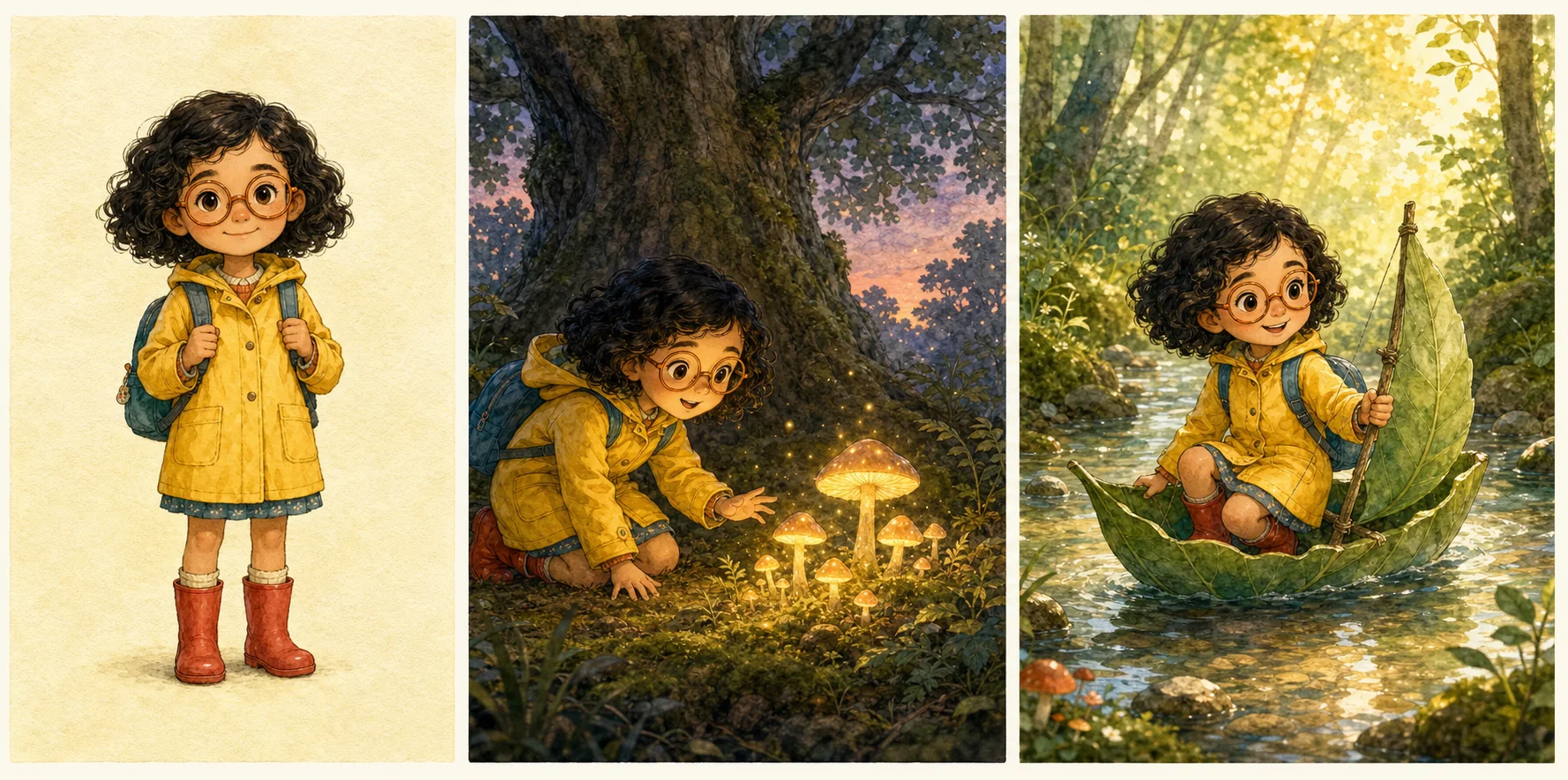 The same children's-book character shown as a reference and in two matching story scenes
