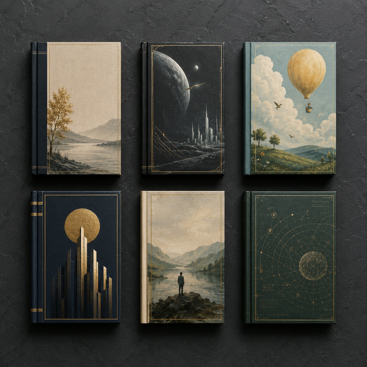 A spread of finished AI-generated book covers across literary fiction, sci-fi, children's, business, and memoir genres