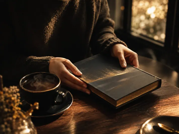 Hands holding a finished hardcover book beside a steaming cup of coffee