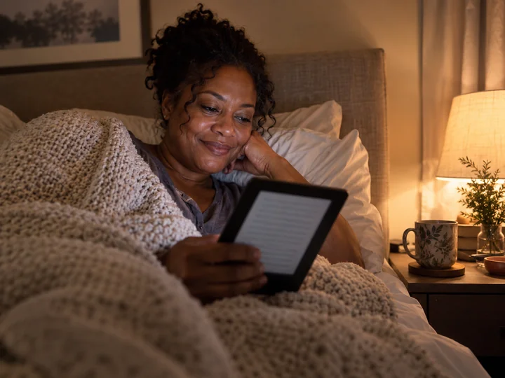 A woman reading her new romance novel on a Kindle in bed at night