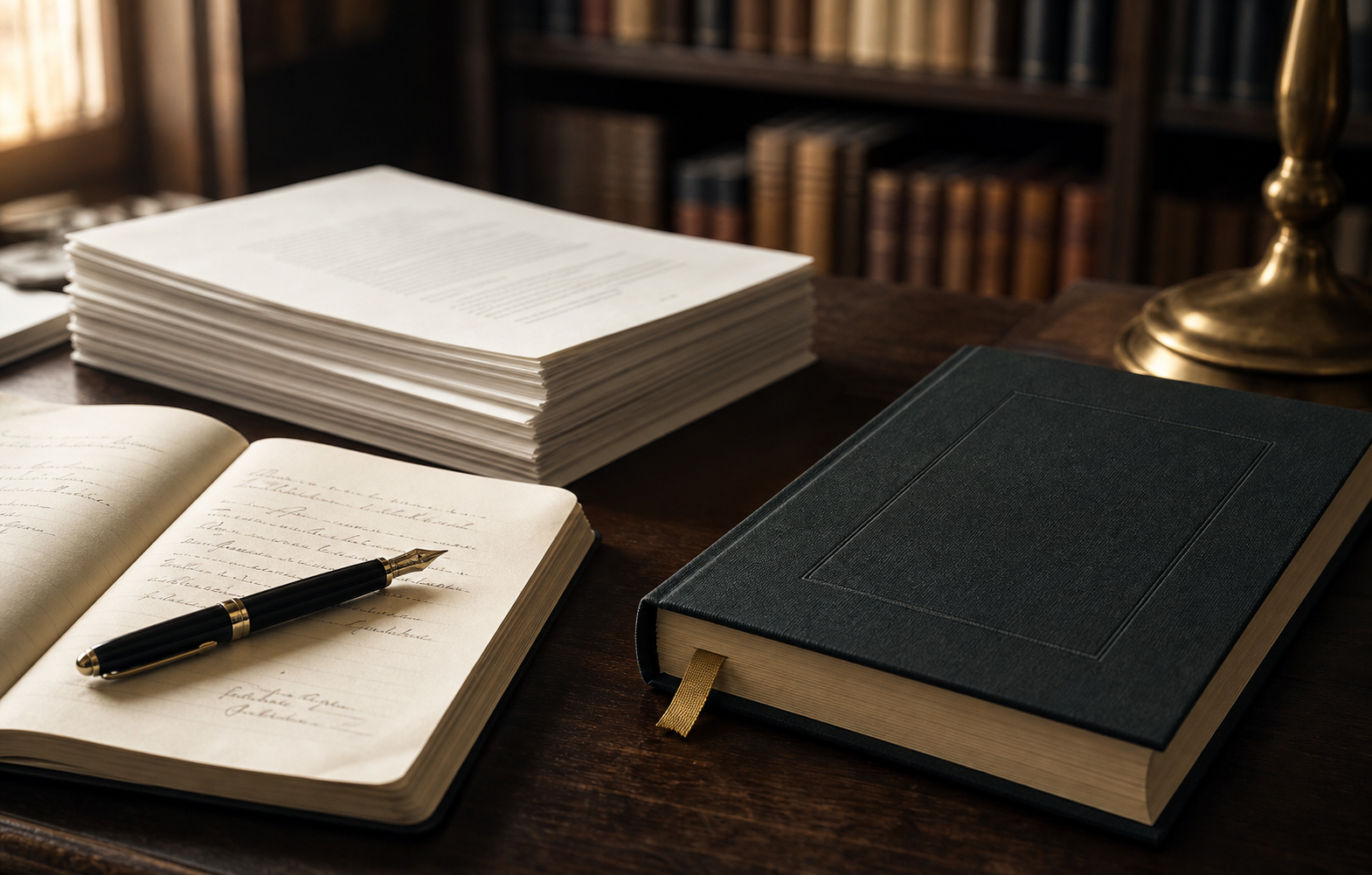 A finished book, open notebook, manuscript pages, and fountain pen on a warm library desk