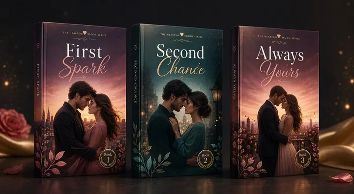 Three connected romance book covers showing a finished trilogy