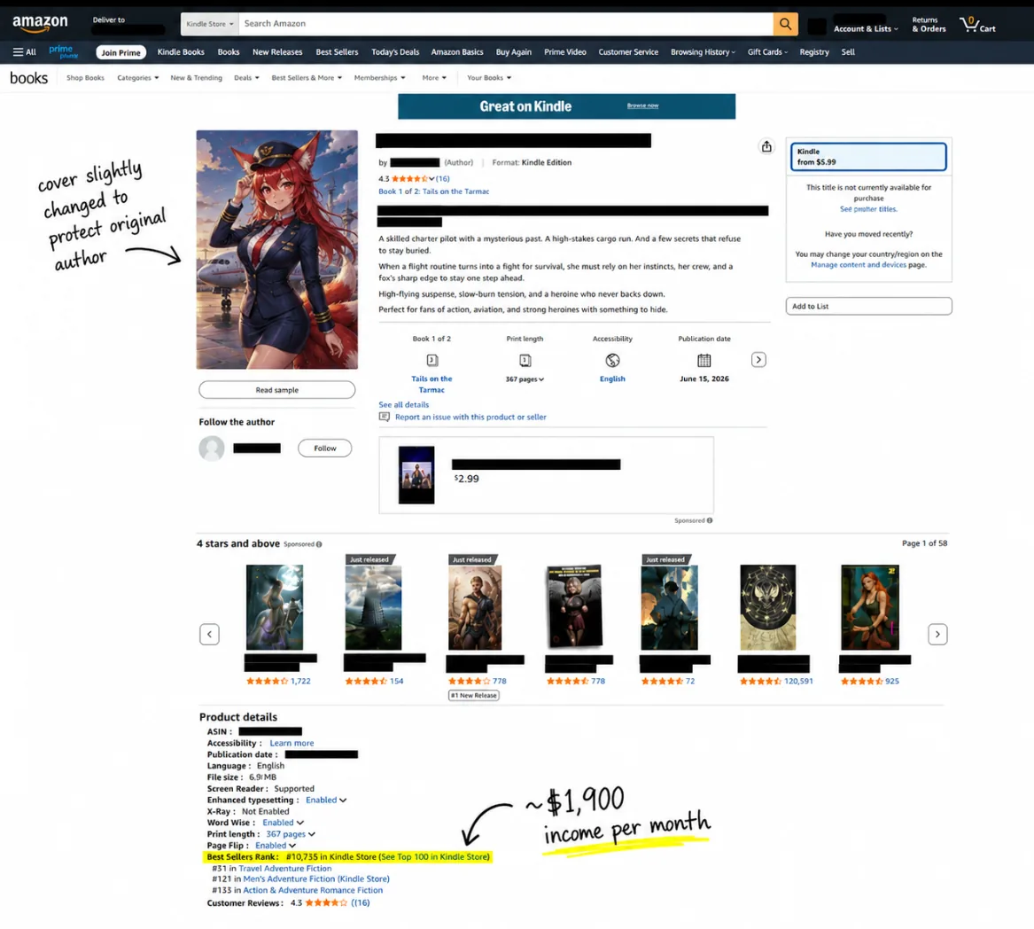 Anonymized Amazon listing showing a Kindle Store Best Sellers Rank of 10,735