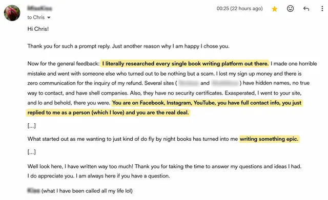 Redacted customer email saying she researched every book writing platform and that ImagineYourBook is the real deal