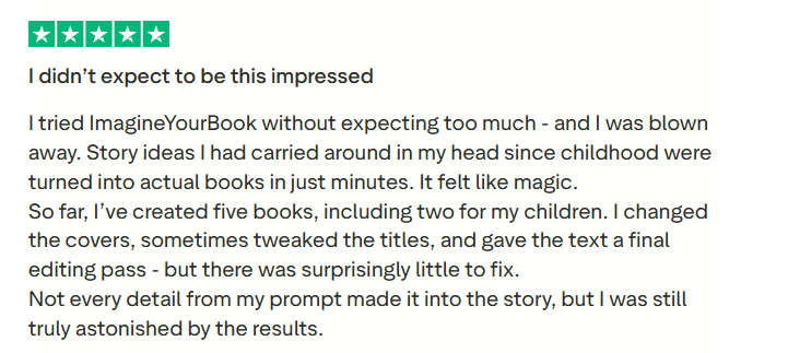 5-star Trustpilot review from Anna praising how ImagineYourBook turned long-held story ideas into actual books