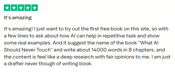 5-star Trustpilot review from CA YAW describing a strong first free-book experience with ImagineYourBook