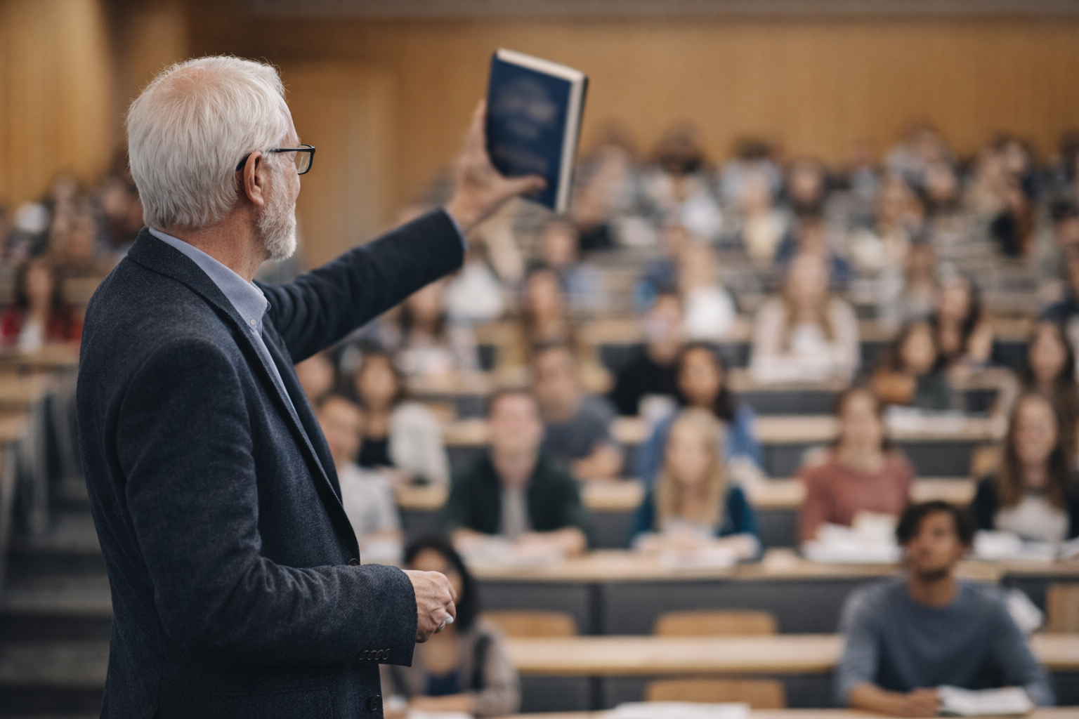 Educator working on an academic textbook manuscript with diagrams and study notes nearby