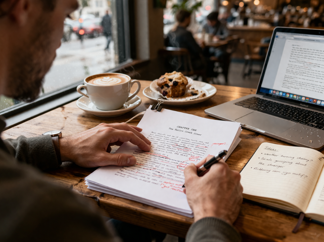 Writer developing a fiction manuscript with dramatic genre-inspired visuals nearby