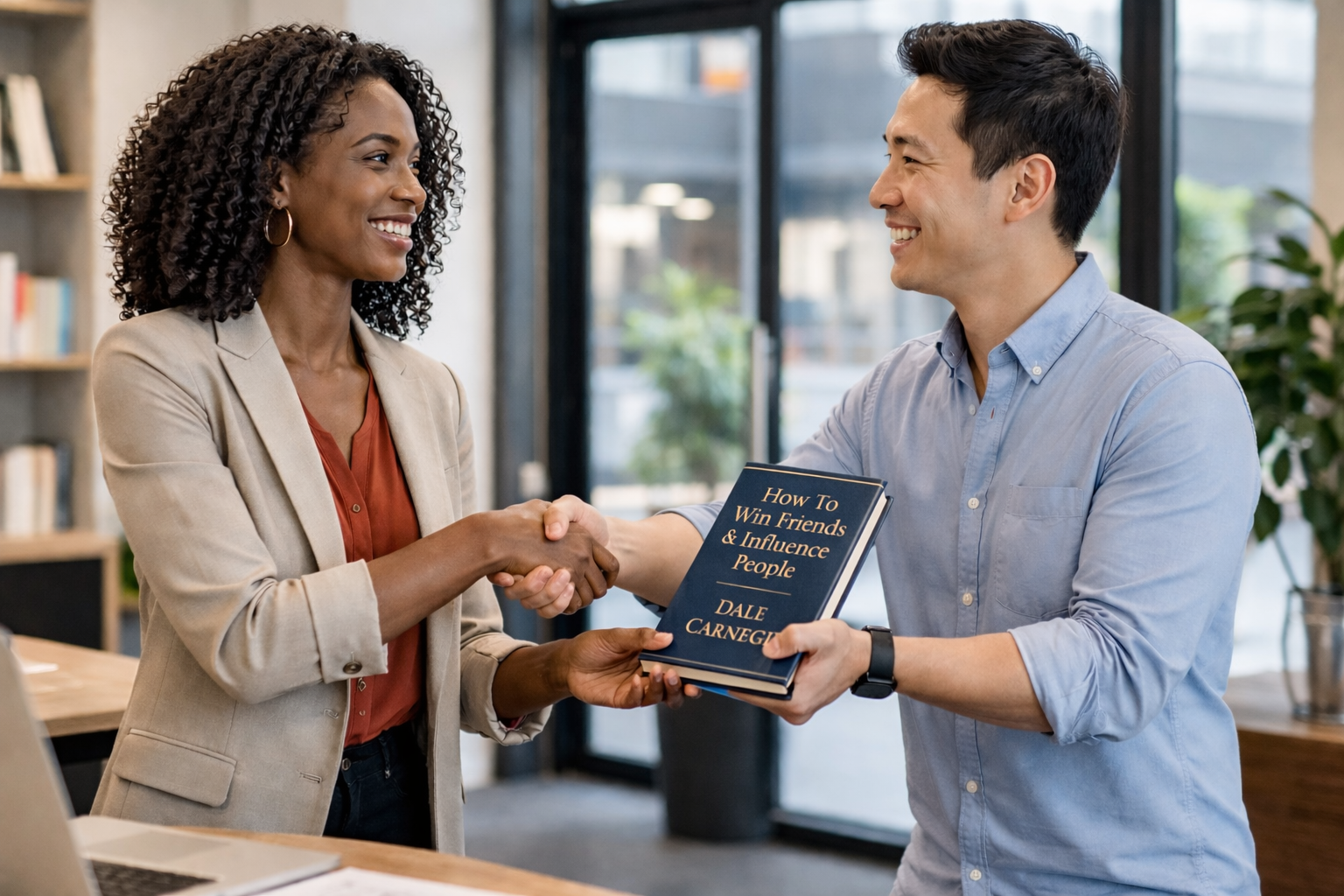 Professional using a laptop beside a practical business book draft