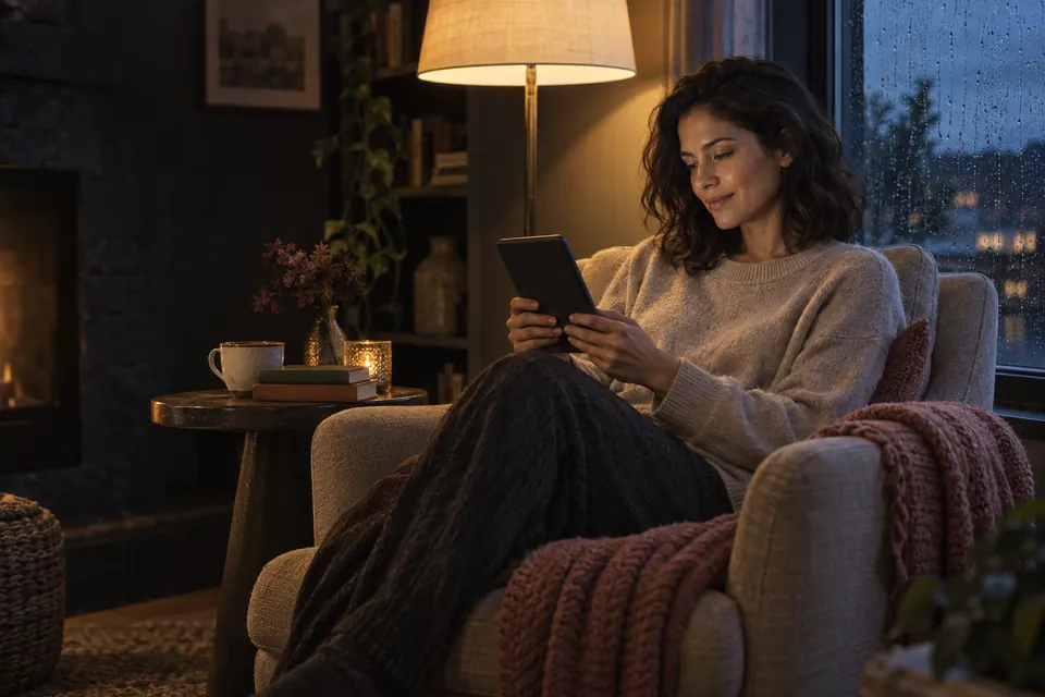 A fictional reader enjoying a quiet evening with an e-reader by the window